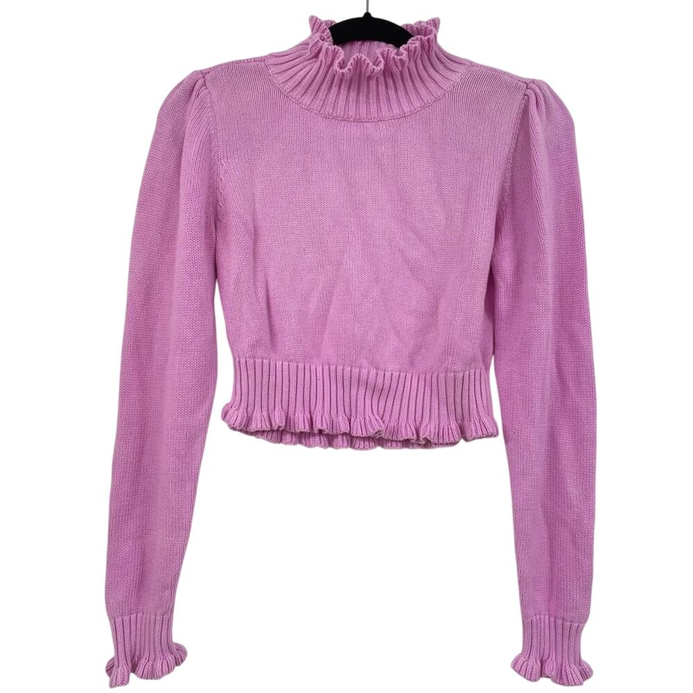 525 America Barbie Pink Ribbed Knit Ruffled Hem Cropped Sweater Womens M Girly